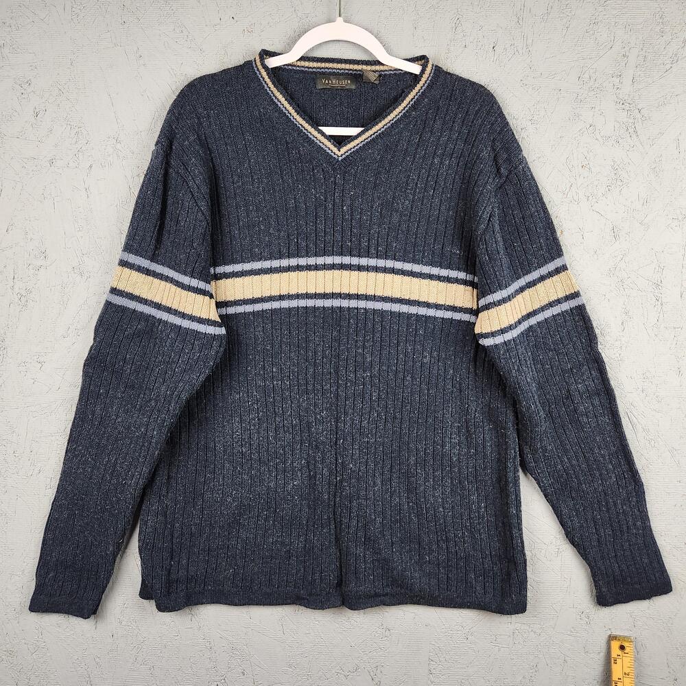 Vintage Van Heusen Sweater Mens XL Blue V Neck Ribbed Silk Lambswool Stripe 90s
